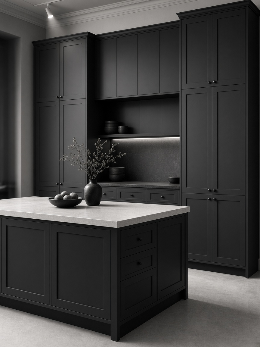 Carpentry: custom painted kitchen with island and tall housing
