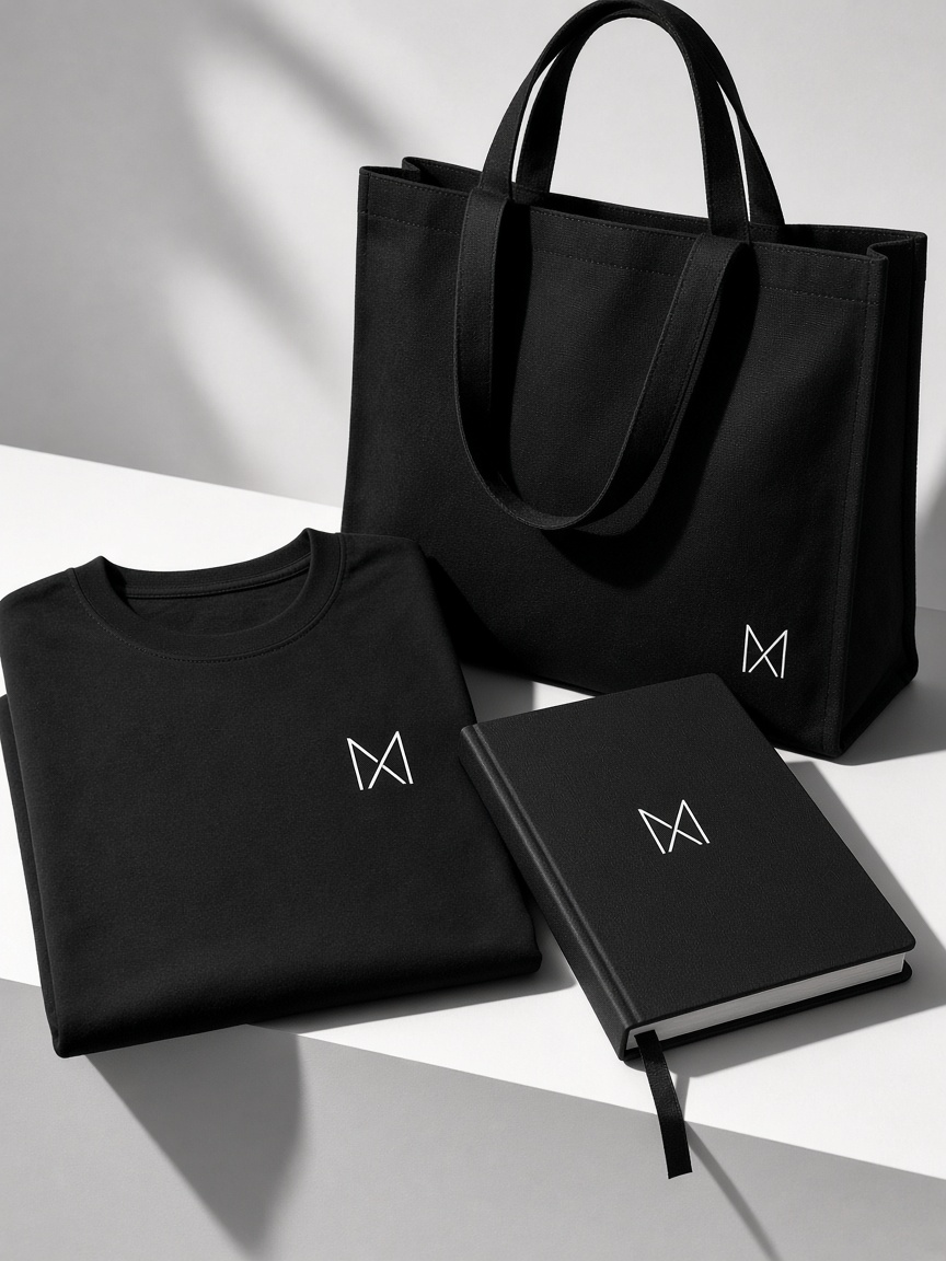 Merch: black shirt, tote and notebook