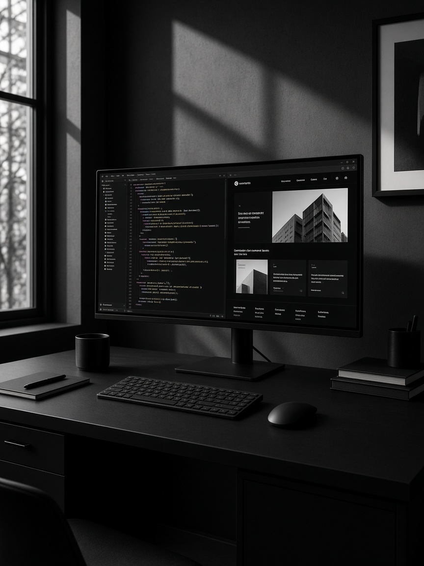 Software: code and a website on a dark desk